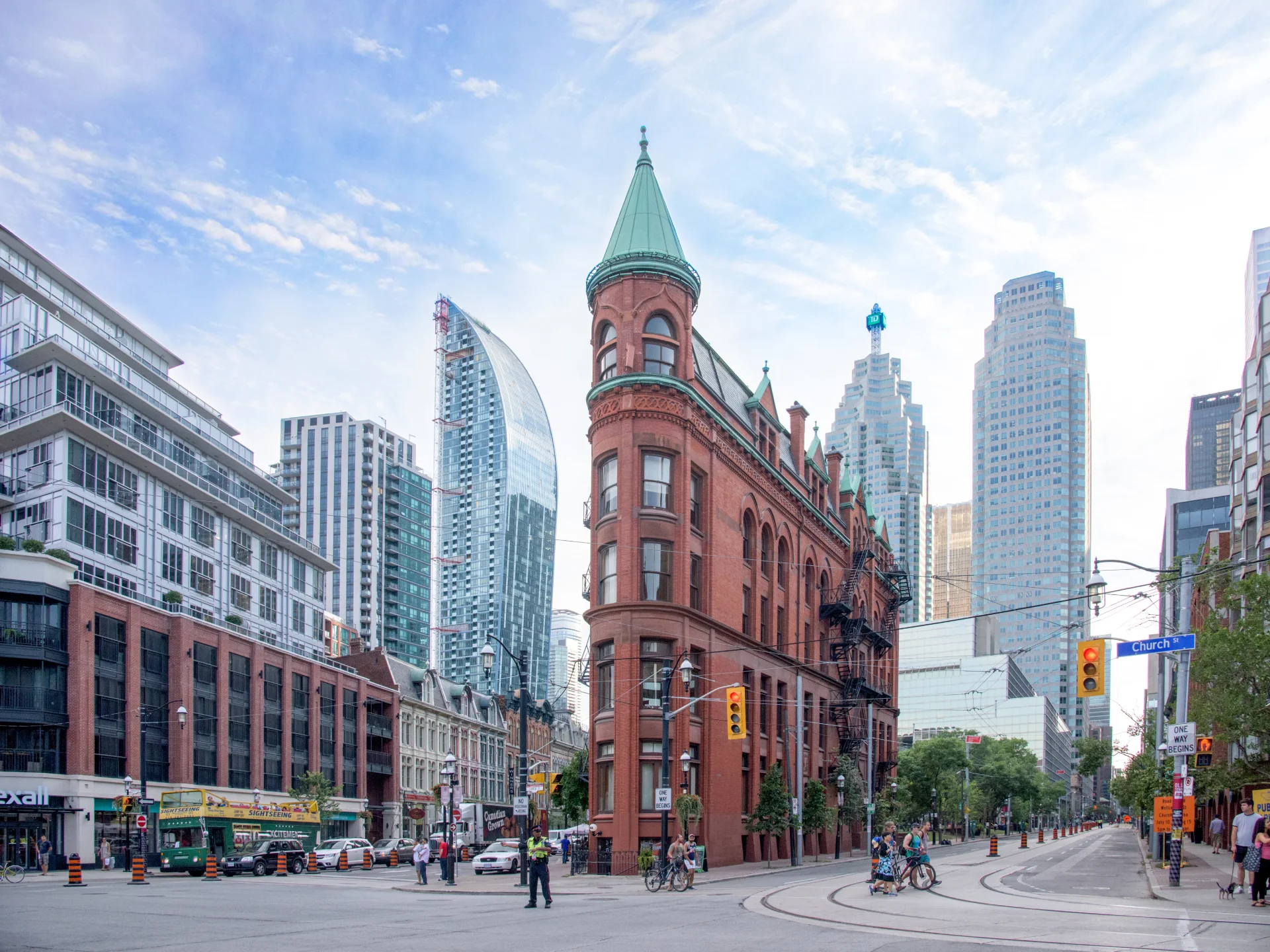 The Gooderham Building in downtown Toronto, with office towers behind it