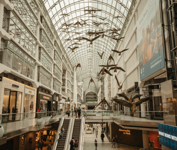 Flying geese sculptures in the glass-roofed Toronto Eaton Centre