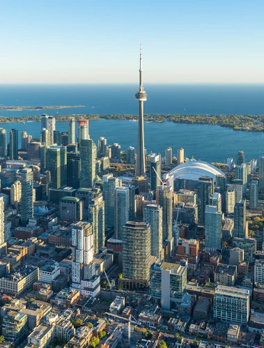 Aerial view of the Toronto skyline and the CN Tower beside the lake
