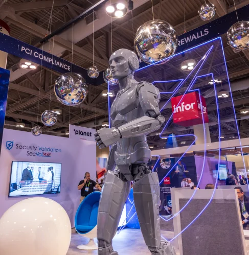 A humanoid robot on display at a technology exhibition