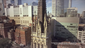 A historic church among downtown Toronto buildings