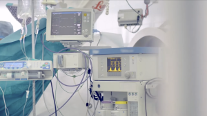 Medical monitors and equipment in a hospital room