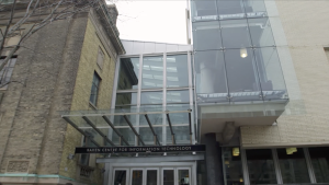 A university building with glass walkways